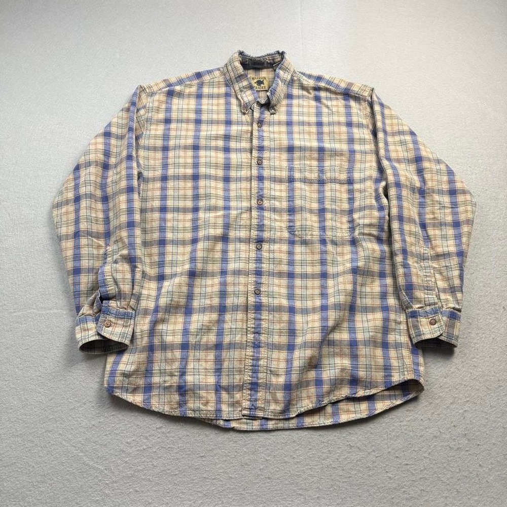 Madison Trader Indigo Plaid Button Down Shirt Large Vintage